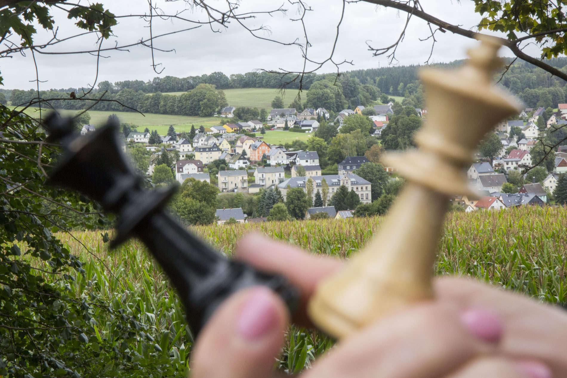 Schachfiguren am Schachwanderweg mit Blick auf Borstendorf